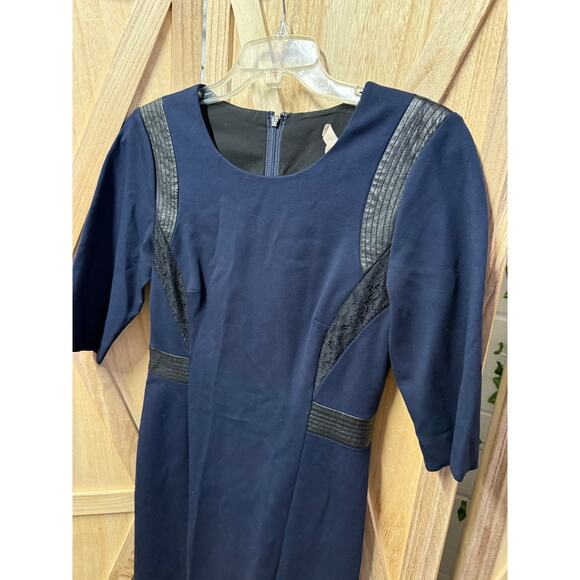 REBECCA TAYLOR navy blue black faux leather panel sheath midi dress - Picture 8 of 9